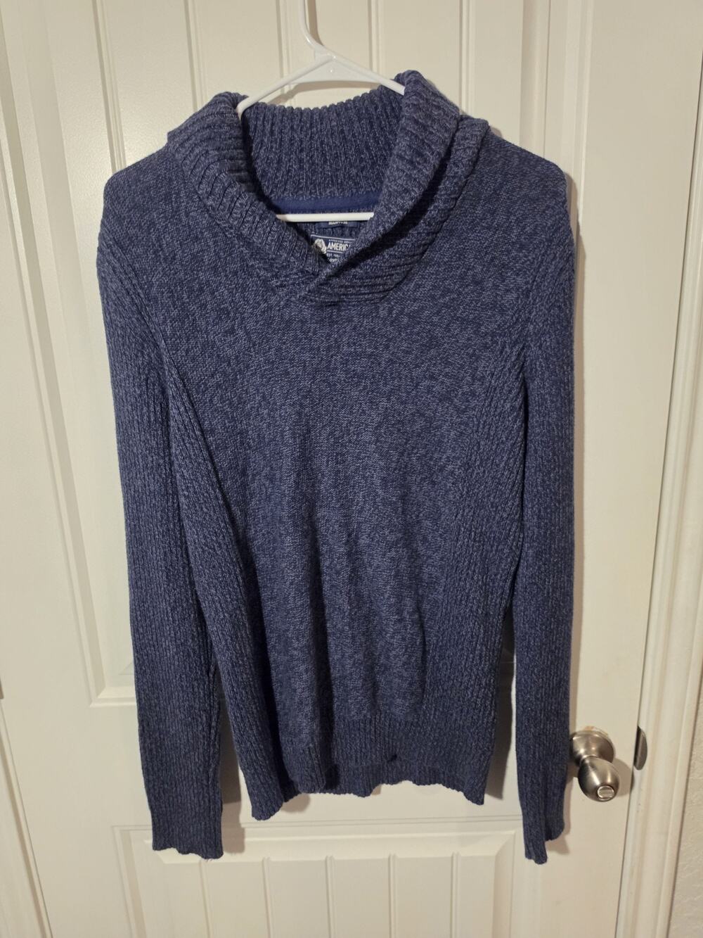 American Rag Mens Medium Shawl Collar Sweater Blue Ribbed Knit Cotton Pullover